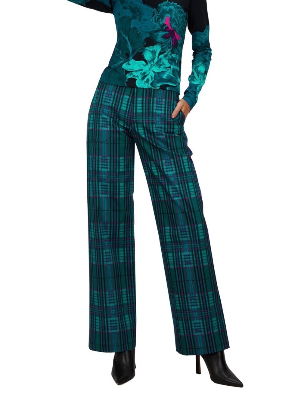 The Kit Tracee High Rise Wide Leg Pants Cotton Twill Jewel Plaid Green 2 $138
